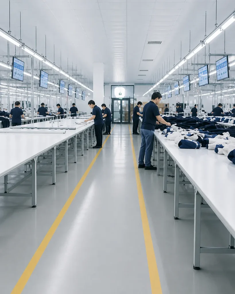 Controlled garment supply chain with documented production stages and traceability